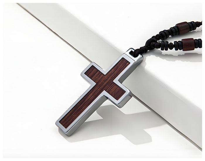 tungsten koa wood cross necklace