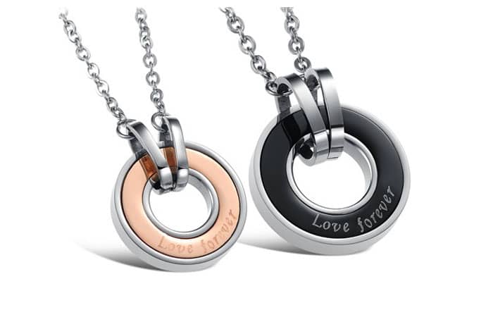 3Aries Stainless Steel Couple Necklaces Rose Gold/Black Oblong Metal Plate w/ Love words Pendant Women/Men Necklace