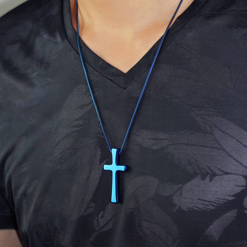 (image for) High Polished Blue Tungsten Cross Pendant, Mens Fashion Tungsten Carbide Cross Necklace, Unique Blue Tungsten Jewelry Gift for Boyfriend - Black / Silver / Blue