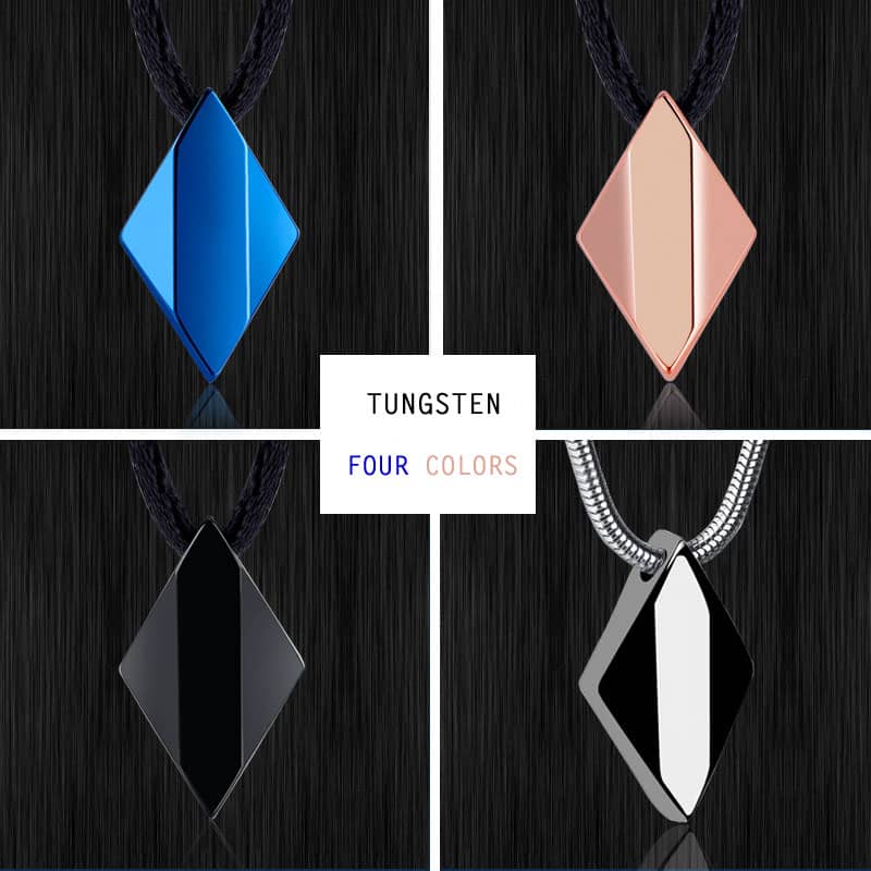 (image for) Blue Tungsten Rhombus Pendant, Tungsten Carbide Rhombus Shaped Necklace With Faceted Finish, Tungsten Jewelry Gift For Women And Men - Black / Silver / Blue / Gold