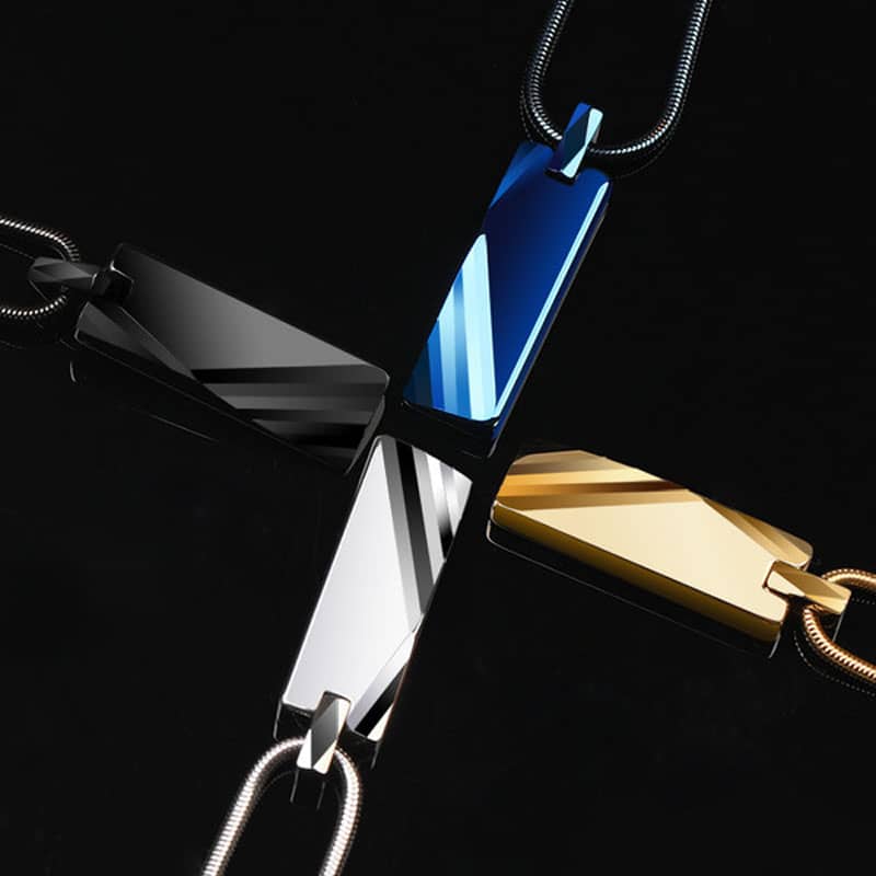 (image for) Blue Tungsten Tag Pendant With Faceted Edges, High Polished Tungsten Carbide Tag Necklace For Men, Unique Tungsten Jewelry Gift - Black / Silver / Blue / Gold