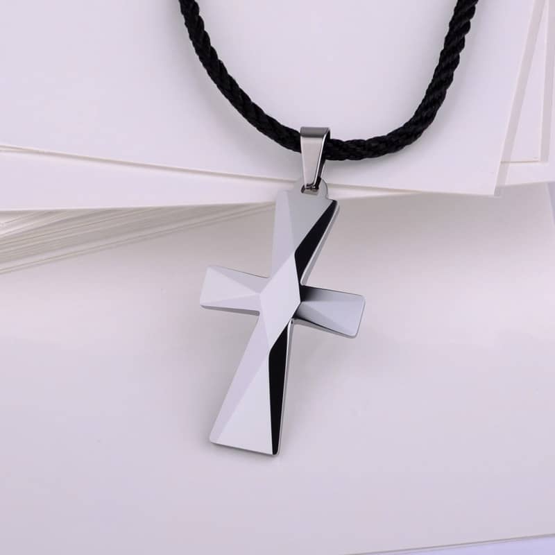 (image for) Tungsten Cross Pendant With Faceted Finish, Mens Unique Silver White Tungsten Carbide Cross Necklace, Religious Tungsten Carbide Jewelry Gift For Friends