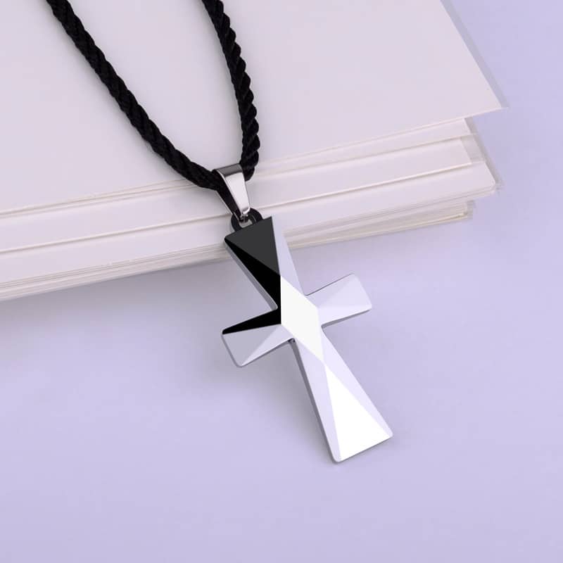 (image for) Tungsten Cross Pendant With Faceted Finish, Mens Unique Silver White Tungsten Carbide Cross Necklace, Religious Tungsten Carbide Jewelry Gift For Friends