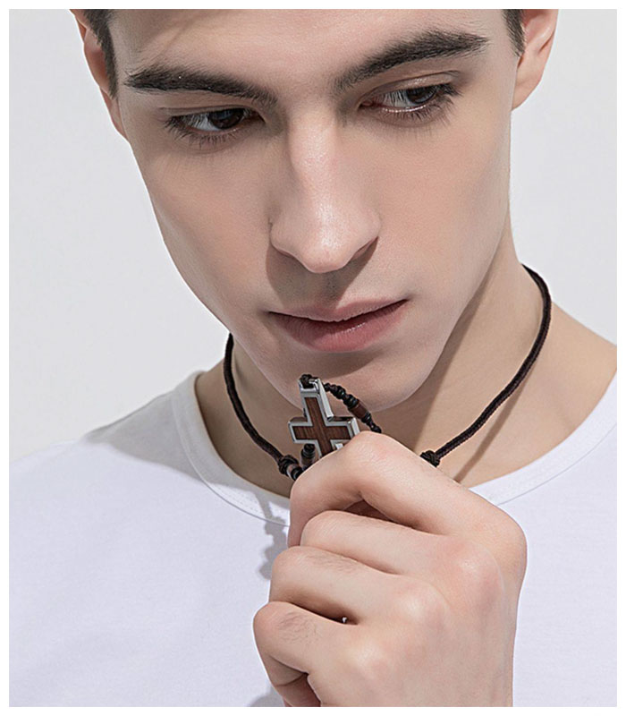 tungsten koa wood cross pendant necklace
