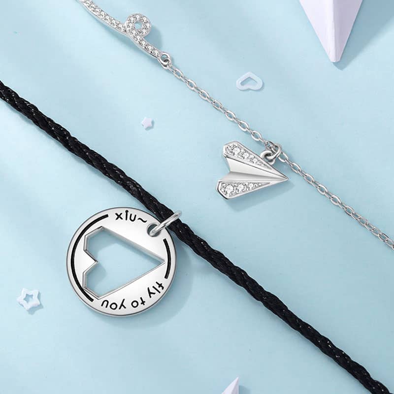 (image for) Fly To Me Sterling Silver Matching Couple Love Airplane Necklaces With CZ Diamond Accents