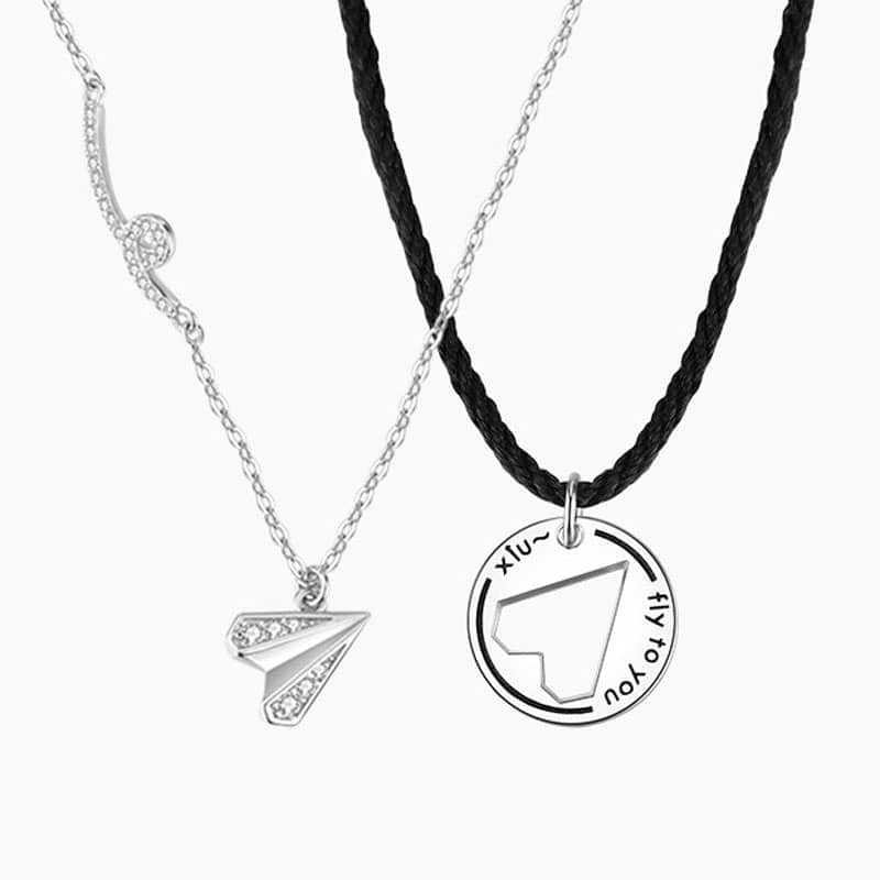 (image for) Fly To Me Sterling Silver Matching Couple Love Airplane Necklaces With CZ Diamond Accents