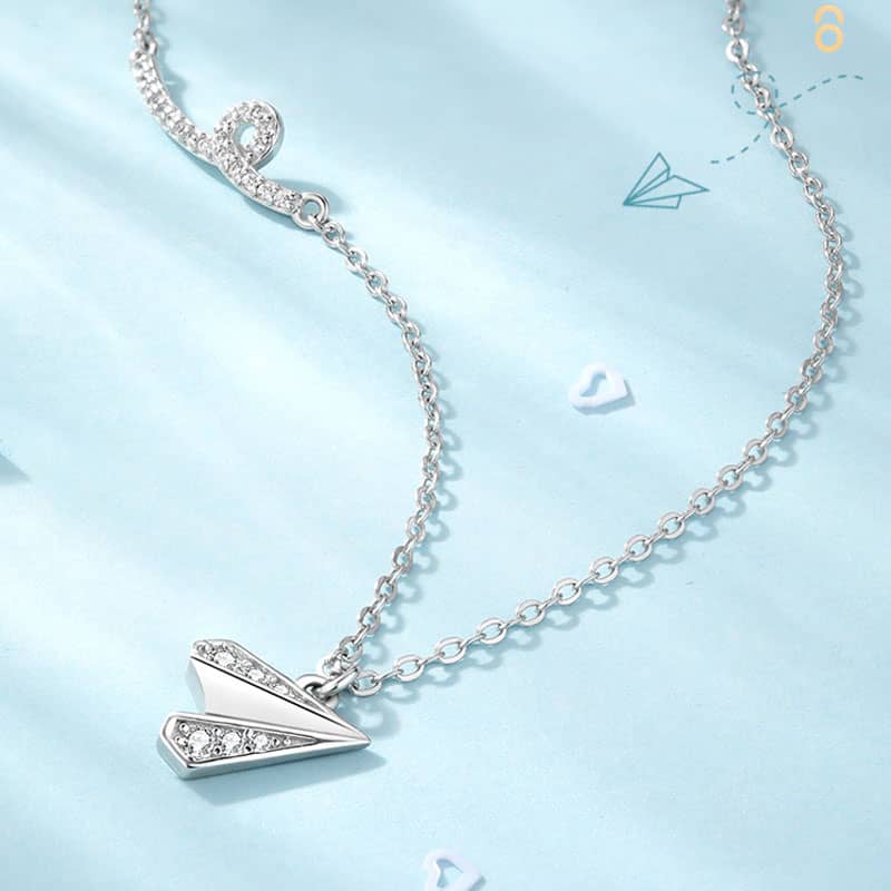 (image for) Fly To Me Sterling Silver Matching Couple Love Airplane Necklaces With CZ Diamond Accents