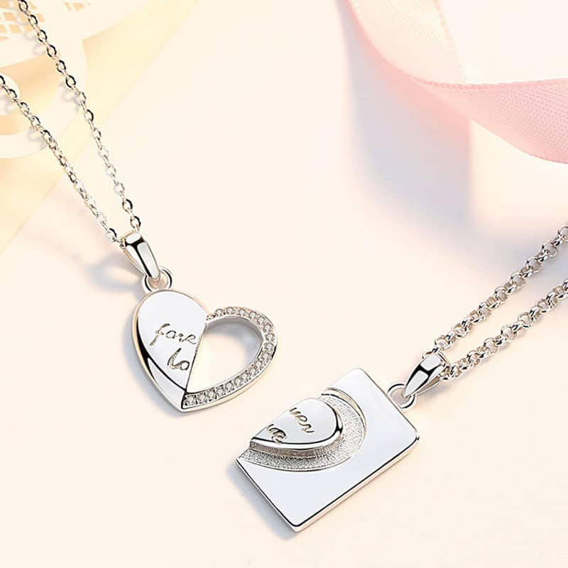 (image for) Sterling Silver Matching Couple Forever Love Heart Tag Necklaces With CZ Diamond Accents