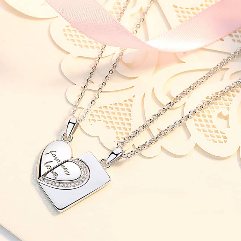 (image for) Sterling Silver Matching Couple Forever Love Heart Tag Necklaces With CZ Diamond Accents