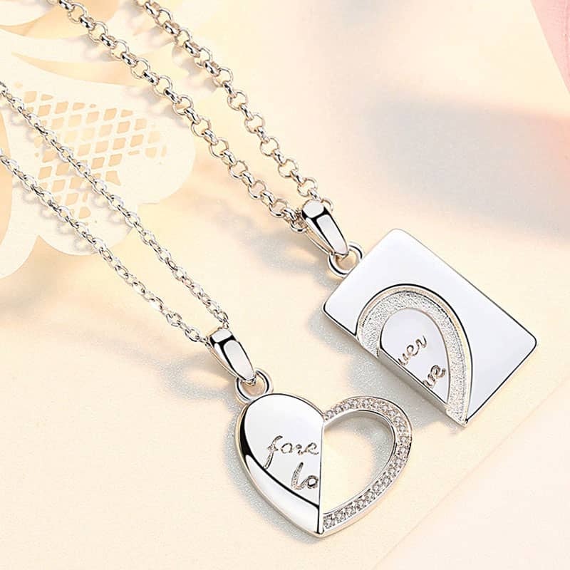 (image for) Sterling Silver Matching Couple Forever Love Heart Tag Necklaces With CZ Diamond Accents