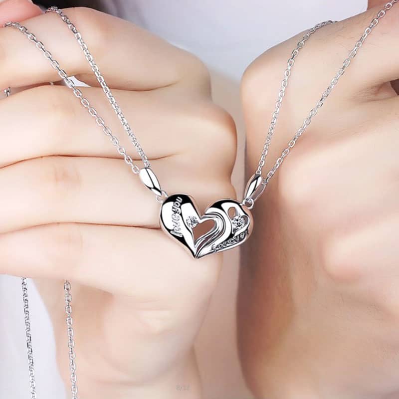 (image for) Love You & Miss You Matching Heart To Heart Necklaces With CZ Diamonds