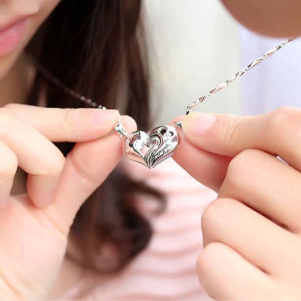 (image for) Love You & Miss You Matching Heart To Heart Necklaces With CZ Diamonds