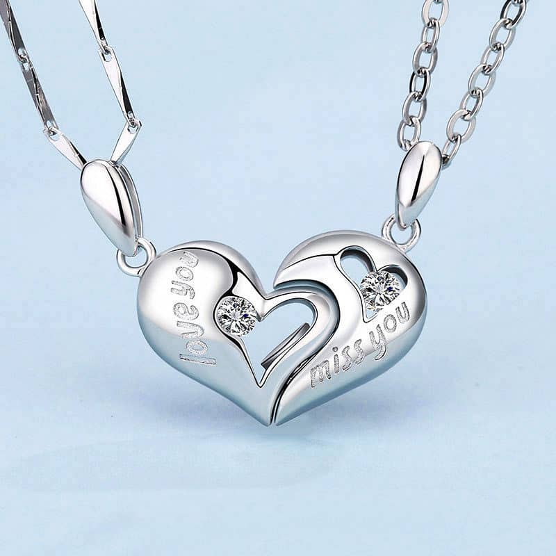 (image for) Love You & Miss You Matching Heart To Heart Necklaces With CZ Diamonds