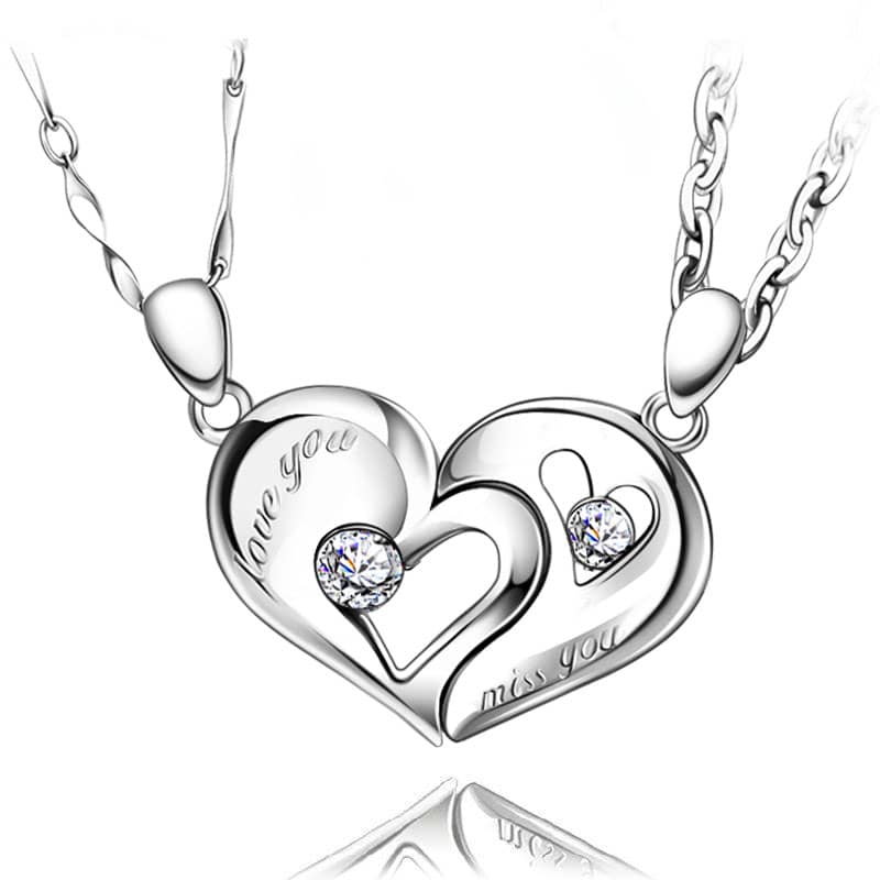 (image for) Love You & Miss You Matching Heart To Heart Necklaces With CZ Diamonds