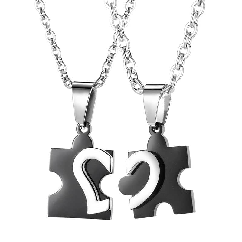 (image for) Black Heart Puzzle Matching Couple Necklaces In Stainless Steel