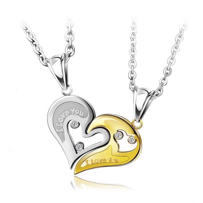 (image for) Couples Necklaces, Gold / Silver / Black / Blue Interlocking Open Heart Puzzle Necklaces Set, Titanium Steel I Love You Engraved Pendant, Matching Jewelry for Him and Her