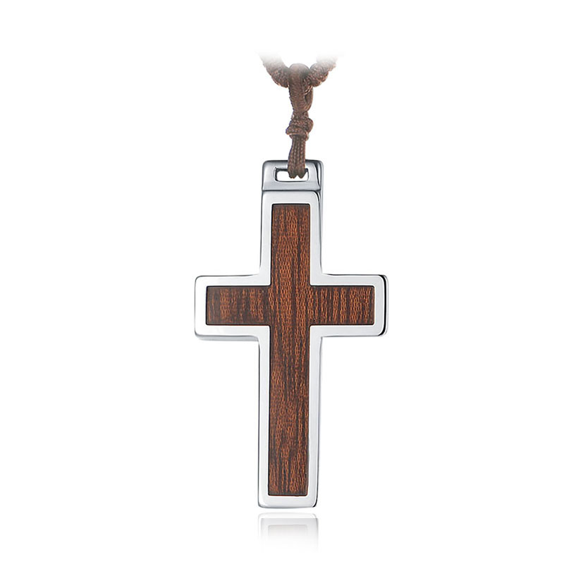 (image for) Mens Tungsten Carbide Cross Pendant Necklace with Koa Wood Inlay