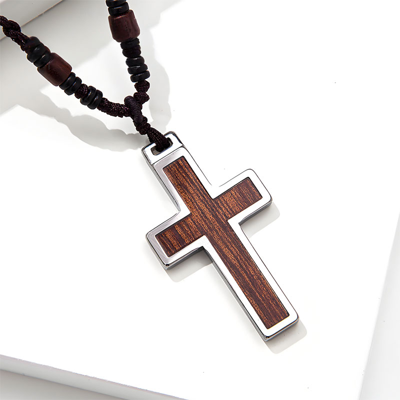 (image for) Mens Tungsten Carbide Cross Pendant Necklace with Koa Wood Inlay