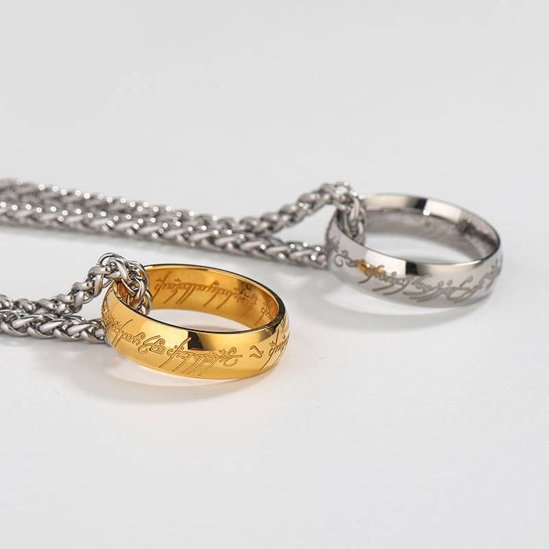 (image for) iDream Couple Necklaces, Lord of The Ring Engraved Circle Pendants + Bands Set, Silver / Gold Hoop Necklace in Titanium Steel, Matching Jewelry for Him and Her