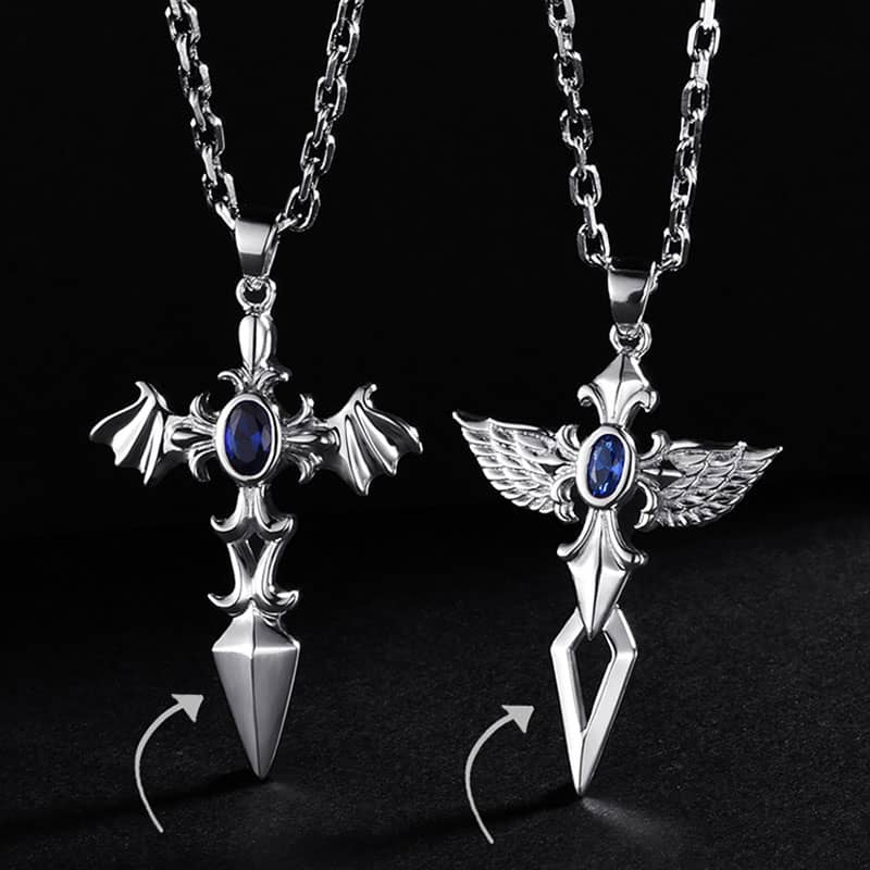 (image for) Blue Sweet Couple Necklaces, Wing + Sword + Cross Necklaces for Women and Men, Sterling Silver Vintage Pendants Set with Gemstone, Matching His and Hers Jewelry for Couples