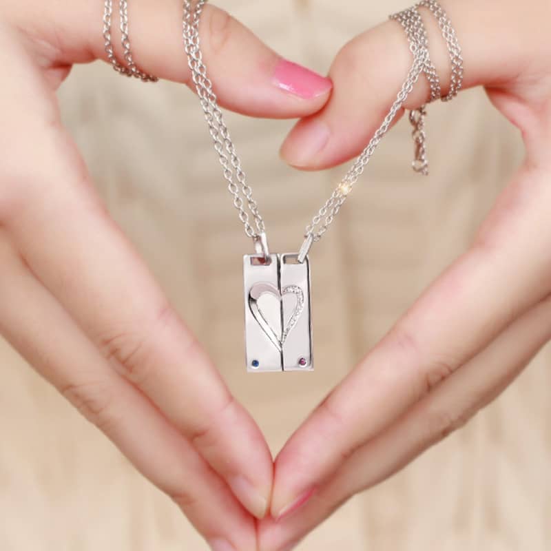 (image for) Sterling Silver Matching Heart Tag Necklaces With CZ Diamond Accents