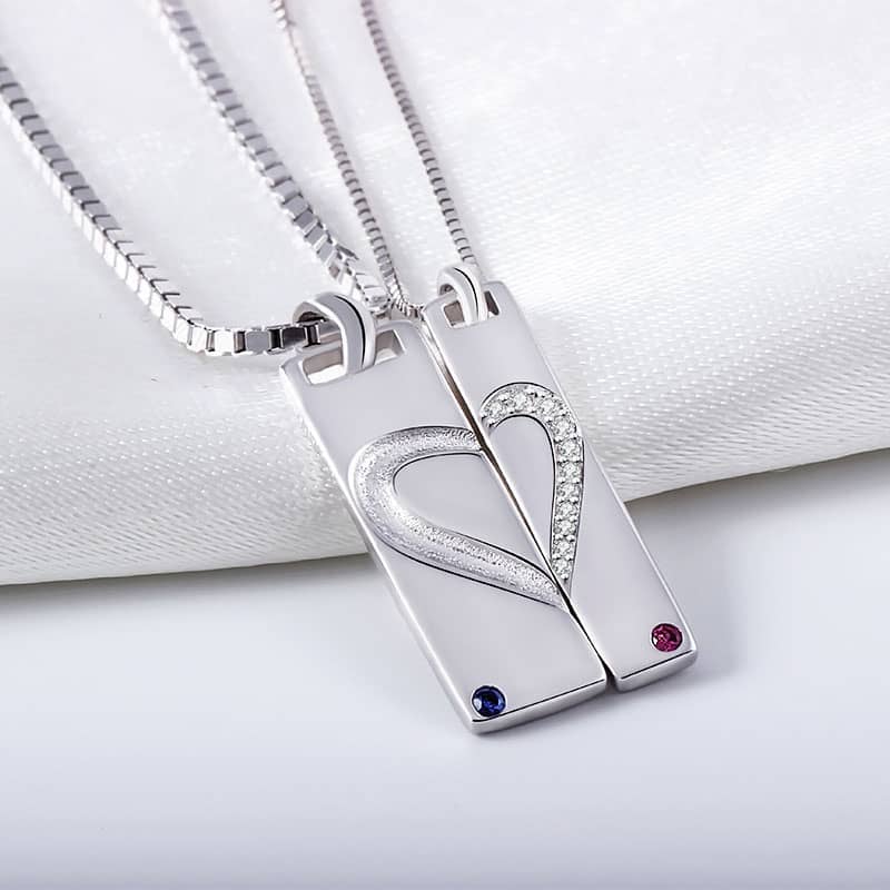 (image for) Sterling Silver Matching Heart Tag Necklaces With CZ Diamond Accents