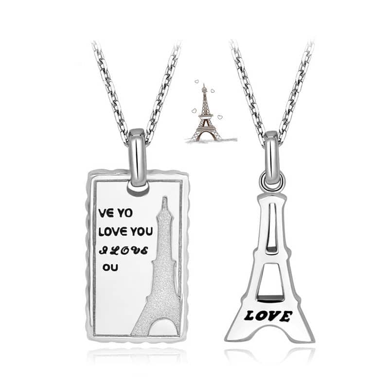 (image for) Couple Necklaces, Matching Eiffel Tower Necklaces Set for Women and Men, Love You Black Engraved Tag Pendant in Sterling Silver, His and Hers Jewelry for Couples