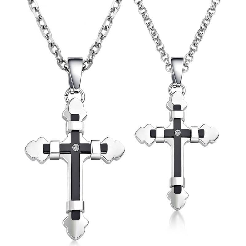 (image for) Black + White Cross Necklaces Set for Women and Men, Two-Tone Titanium Steel Cross Pendant Necklace with CZ Diamond, Matching Couple Jewelry for Him and Her