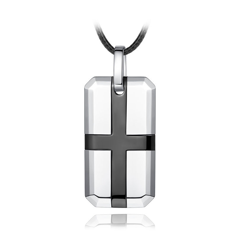 (image for) Mens Tungsten Carbide Black Cross Silver Dog Tag Pendant with Leather Necklace