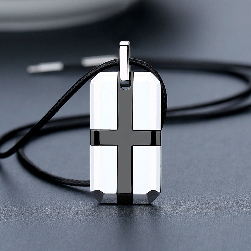 (image for) Mens Tungsten Carbide Black Cross Silver Dog Tag Pendant with Leather Necklace