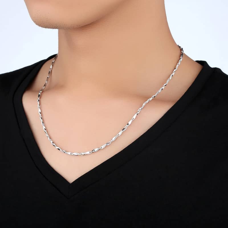 (image for) Solid Silver Dapped Bar Chain Necklaces With W-Hook Clasp, High Polished 925 Sterling Silver Bar Link Pendant Chains For Women And Men - 18 Inches To 24 Inches
