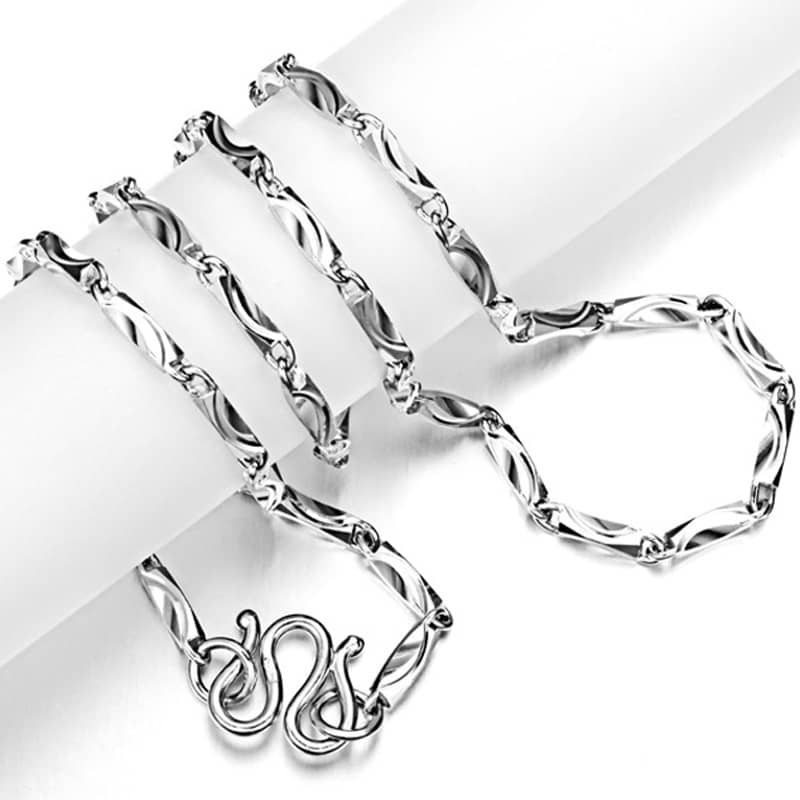 (image for) Solid Silver Dapped Bar Chain Necklaces With W-Hook Clasp, High Polished 925 Sterling Silver Bar Link Pendant Chains For Women And Men - 18 Inches To 24 Inches