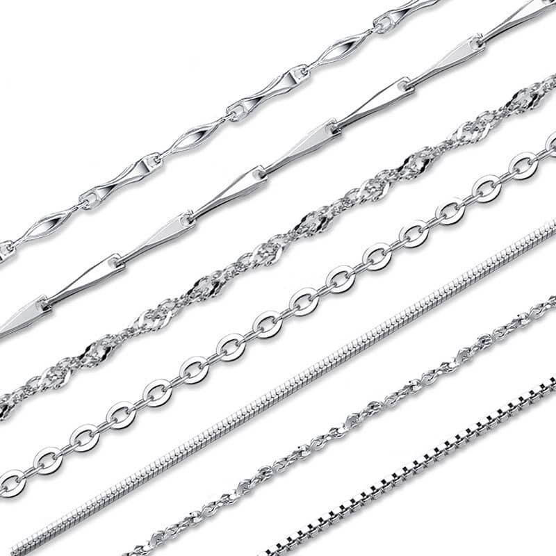 (image for) 925 Sterling Silver Chain Necklaces With Spring Ring Clasp, Solid Silver Chains for Pendants, Bar Cable Box Singapore Snake Chains For Women - 16 & 24 Inches