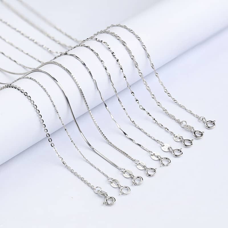 (image for) 925 Sterling Silver Chain Necklaces With Spring Ring Clasp, Solid Silver Chains for Pendants, Bar Cable Box Singapore Snake Chains For Women - 16 & 24 Inches