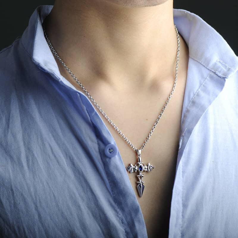 (image for) Blue Sweet Couple Necklaces, Wing + Sword + Cross Pendant for Men, Gemstone Vintage Necklace in 925 Sterling Silver, Matching His and Hers Jewelry Set for Couples