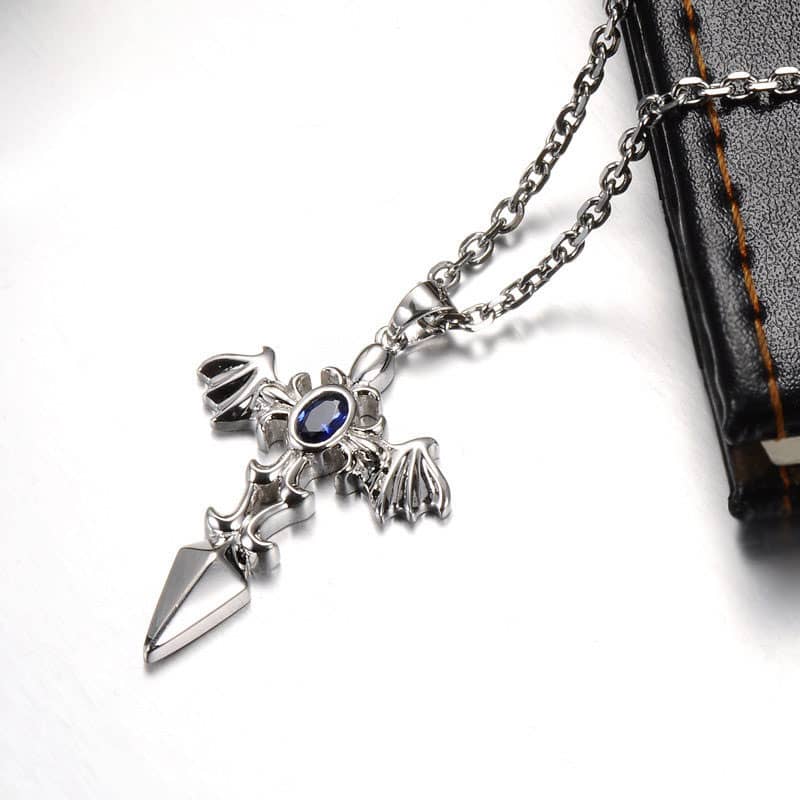 (image for) Blue Sweet Couple Necklaces, Wing + Sword + Cross Pendant for Men, Gemstone Vintage Necklace in 925 Sterling Silver, Matching His and Hers Jewelry Set for Couples