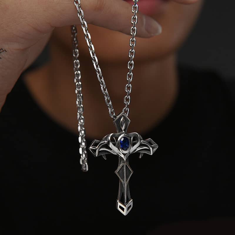 (image for) Blue Sweet Couple Necklaces, Punk Sword + Cross Pendant with Blue Corundum Inlay, Vintage Gemstone Cross Necklace in Sterling Silver, Matching His and Hers Jewelry Set