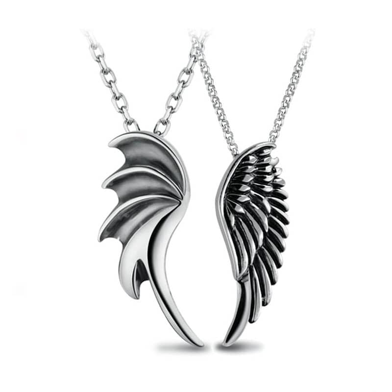 (image for) Angel & Demon Wing Matching Couple Necklaces In Sterling Silver - Antiqued Finish