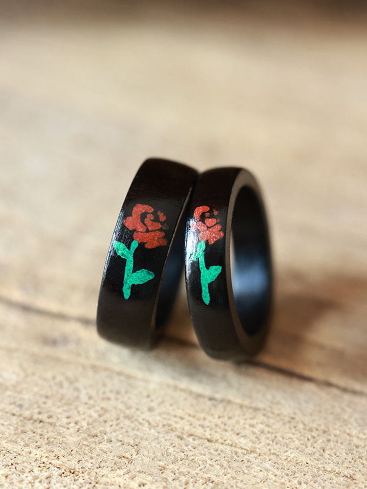 (image for) Ebony Wood Malachite Cinnabar Rose Rings For Couples