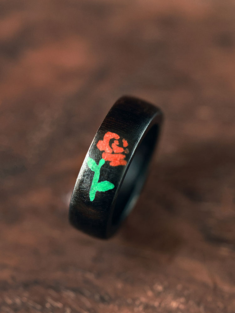 (image for) Ebony Wood Malachite Cinnabar Rose Ring For Men - 7mm