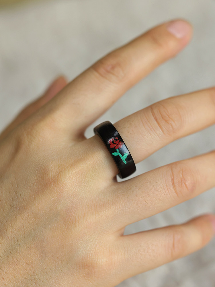 (image for) Ebony Wood Malachite Cinnabar Rose Ring For Men - 7mm