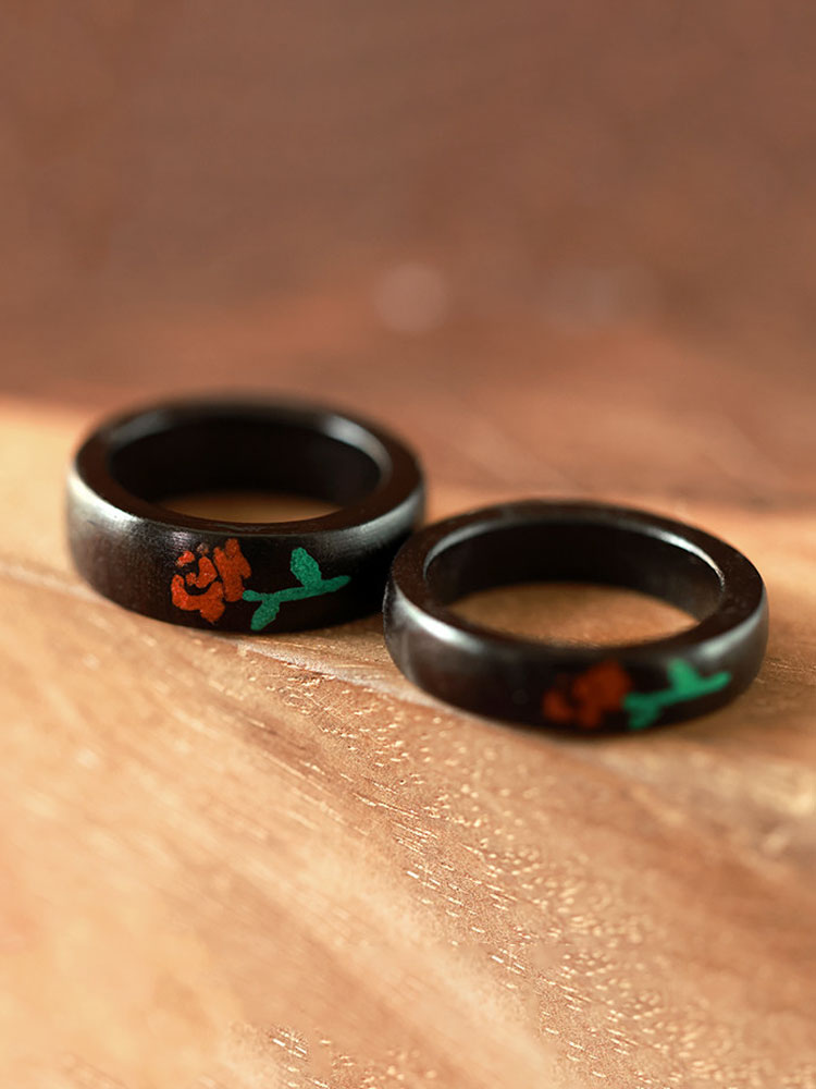 (image for) Ebony Wood Malachite Cinnabar Rose Ring For Men - 7mm