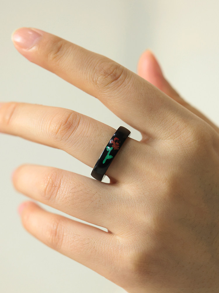 (image for) Ebony Wood Malachite Cinnabar Rose Ring For Women - 5mm
