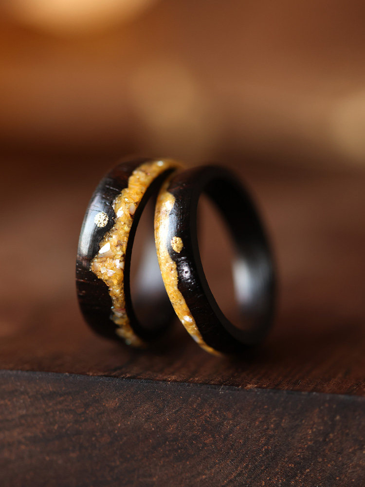 (image for) Ebony Wood Copper Sun Golden Shell Mountain Couple Wedding Rings