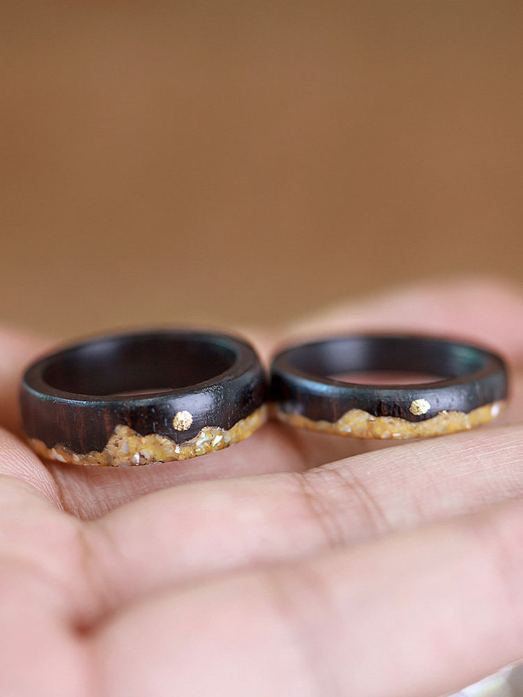 (image for) Ebony Wood Copper Sun Golden Shell Mountain Couple Wedding Rings