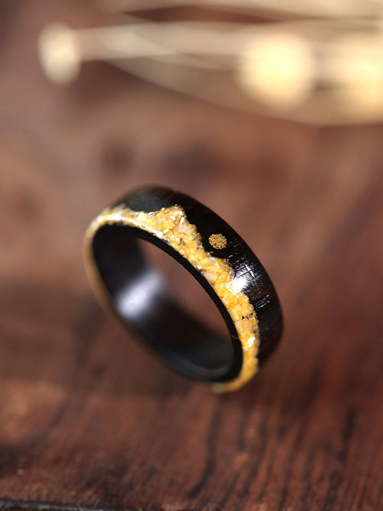 (image for) Ebony Wood Copper Sun Golden Shell Mountain Mens Wedding Rings - 7mm