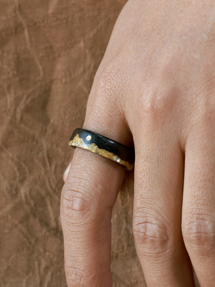 (image for) Ebony Wood Copper Sun Golden Shell Mountain Mens Wedding Rings - 7mm
