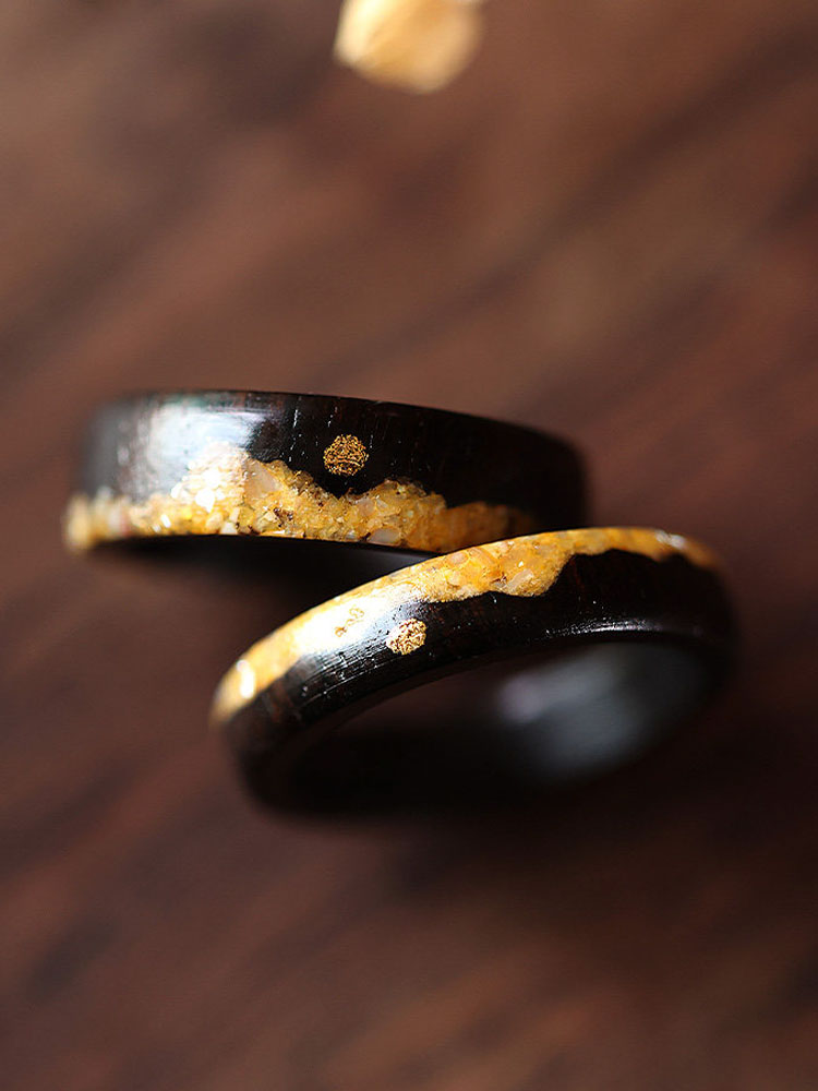 (image for) Ebony Wood Copper Sun Golden Shell Mountain Mens Wedding Rings - 7mm