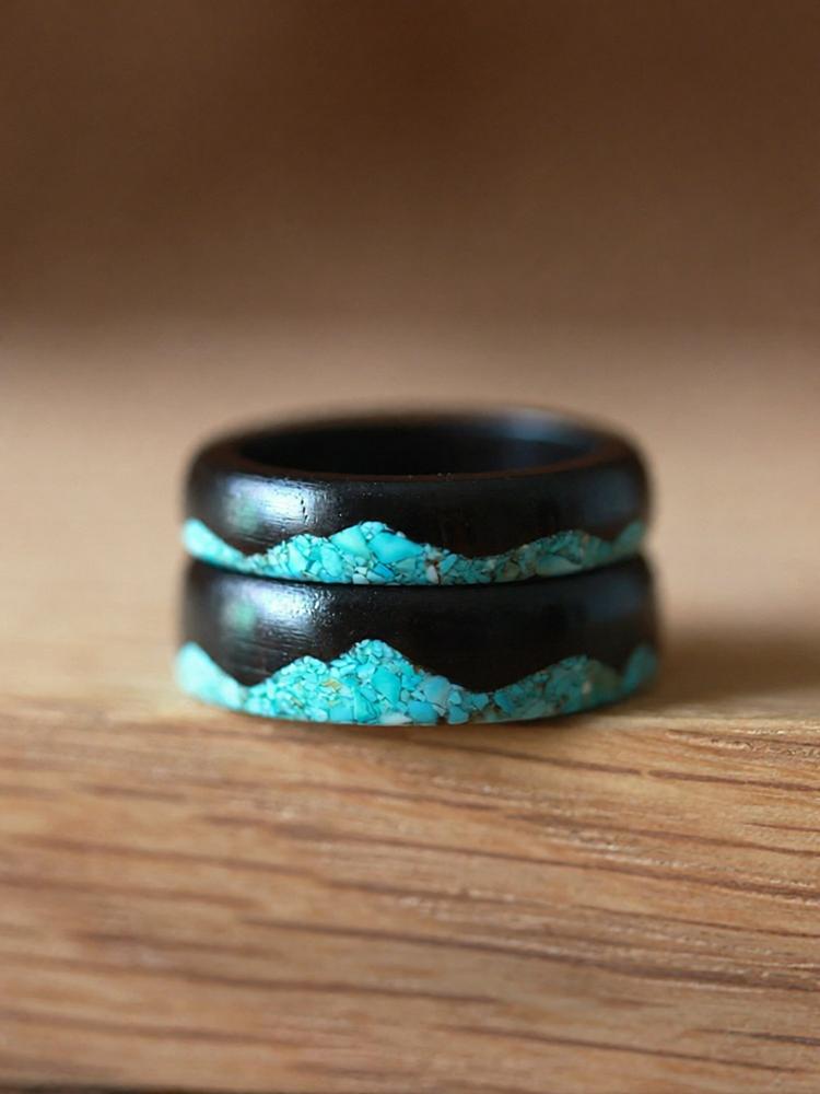 (image for) Ebony Wood Turquoise Mountain Rings For Couples