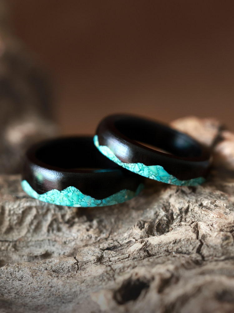 (image for) Ebony Wood Turquoise Mountain Rings For Couples